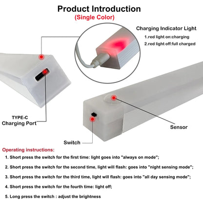 Rechargeable LED Motion Sensor Night Light Under Cabinet Cordless Lamp for Kitchen Wardrobe Bedside Induction Strip Bar Light