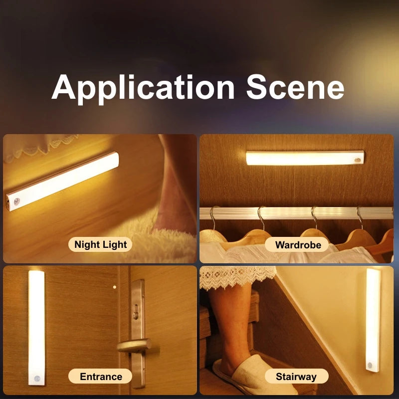 Rechargeable LED Motion Sensor Night Light Under Cabinet Cordless Lamp for Kitchen Wardrobe Bedside Induction Strip Bar Light